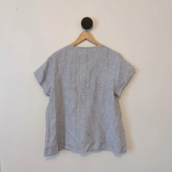 FLAX Linen Micro Stripe Top Short Sleeve Blue White Size S - Picture 6 of 6